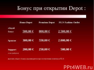 Бонус при открытии Depot : Home Depot Premium Depot FE.N Fashion Outlet общий бо