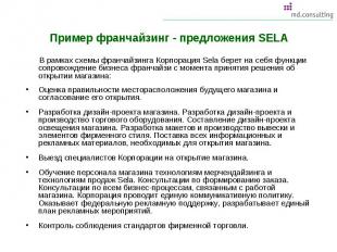 Пример франчайзинг - предложения SELA В рамках схемы франчайзинга Корпорация Sel