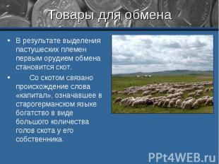 В результате выделения пастушеских племен первым орудием обмена становится скот.