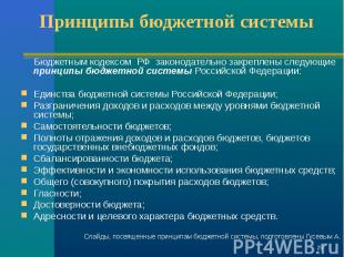 Бюджетным кодексом РФ законодательно закреплены следующие принципы бюджетной сис
