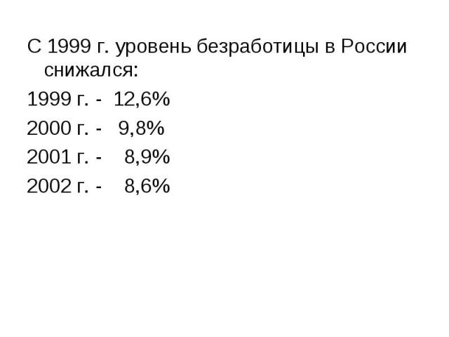 С 1999 г. уровень безработицы в России снижался: С 1999 г. уровень безработицы в России снижался: 1999 г. - 12,6% 2000 г. - 9,8% 2001 г. - 8,9% 2002 г. - 8,6%