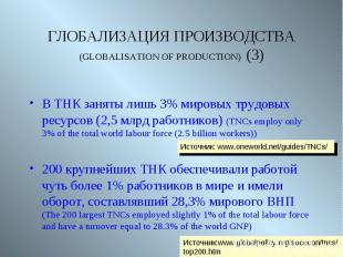 В ТНК заняты лишь 3% мировых трудовых ресурсов (2,5 млрд работников) (TNCs emplo