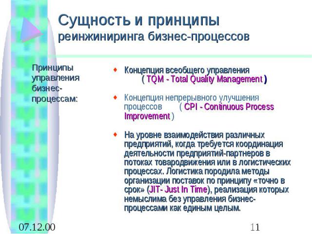 Концепция всеобщего управления ( TQM - Total Quality Management ) Концепция непрерывного улучшения процессов ( CPI - Continuous Process Improvement ) На уровне взаимодействия различных предприятий, когда требуется координация деятельности предприяти…