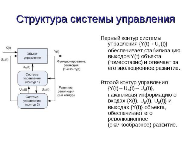 Первый контур системы управления {Y(t)→U10(t)} обеспечивает стабилизацию выходов Y(t) объекта (гомеостазис) и отвечает за его эволюционное развитие. Первый контур системы управления {Y(t)→U10(t)} обеспечивает стабилизацию выходов Y(t) объекта (гомео…