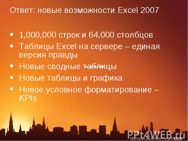 1,000,000 строк и 64,000 столбцов 1,000,000 строк и 64,000 столбцов Таблицы Excel на сервере – единая версия правды Новые сводные таблицы Новые таблицы и графика Новое условное форматирование – KPIs