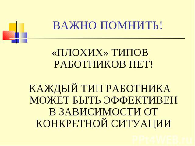 «ПЛОХИХ» ТИПОВ РАБОТНИКОВ НЕТ! «ПЛОХИХ» ТИПОВ РАБОТНИКОВ НЕТ! КАЖДЫЙ ТИП РАБОТНИКА МОЖЕТ БЫТЬ ЭФФЕКТИВЕН В ЗАВИСИМОСТИ ОТ КОНКРЕТНОЙ СИТУАЦИИ