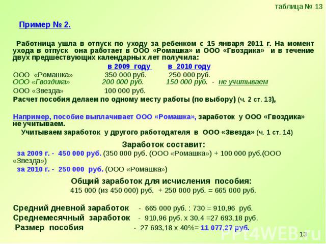 Пример № 2. Пример № 2. Работница ушла в отпуск по уходу за ребенком с 15 января 2011 г. На момент ухода в отпуск она работает в ООО «Ромашка» и ООО «Гвоздика» и в течение двух предшествующих календарных лет получила: в 2009 году в 2010 году ООО «Ро…