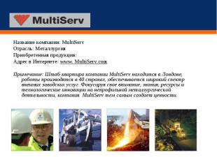 Название компании: MultiServ Название компании: MultiServ Отрасль: Металлургия П