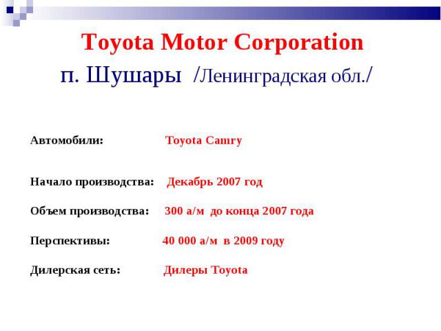 Автомобили: Toyota Camry   Начало производства: Декабрь 2007 год Объем производства: 300 а/м до конца 2007 года Перспективы: 40 000 а/м в 2009 году Дилерская сеть: Дилеры Toyota