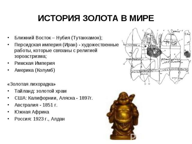 Ближний Восток – Нубия (Тутанхамон); Ближний Восток – Нубия (Тутанхамон); Персидская империя (Иран) - художественные работы, которые связаны с религией зороастризма; Римская Империя Америка (Колумб) «Золотая лихорадка» Тайланд: золотой храм США: Кал…