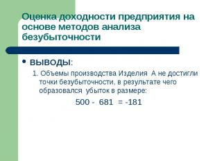 ВЫВОДЫ: ВЫВОДЫ: 1. Объемы производства Изделия А не достигли точки безубыточност