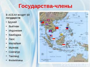 Государства-члены В АСЕАН входят 10 государств: Бруней Вьетнам Индонезия Камбодж