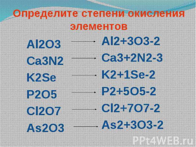 Определите степени окисления элементов Al2O3 Ca3N2 K2Se P2O5 Cl2O7 As2O3