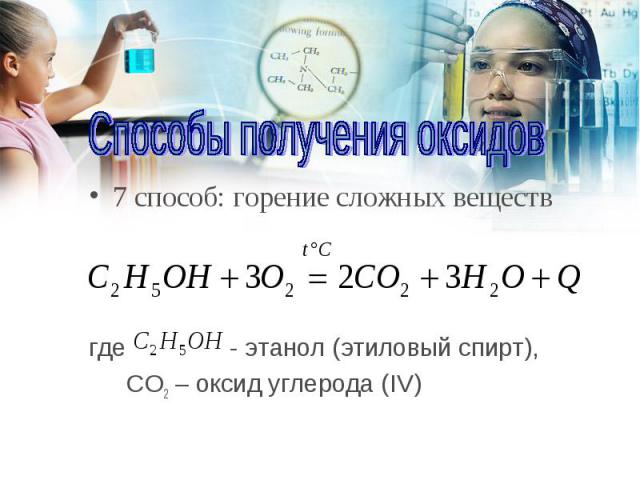 7 способ: горение сложных веществ 7 способ: горение сложных веществ где - этанол (этиловый спирт), СO2 – оксид углерода (IV)