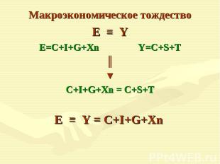 Макроэкономическое тождество Макроэкономическое тождество E ≡ Y E=C+I+G+Xn Y=C+S