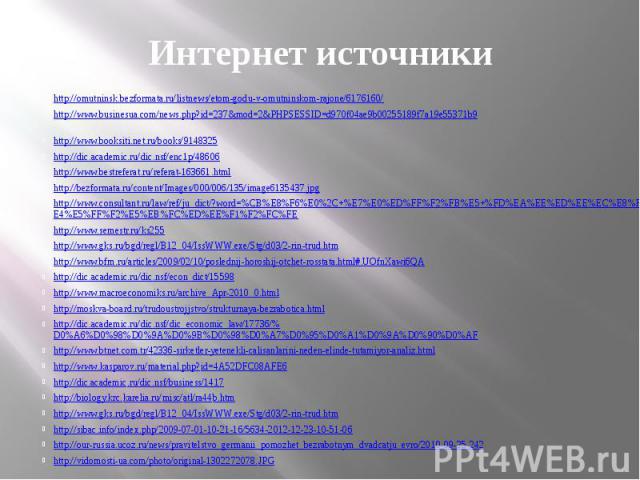 Интернет источники http://omutninsk.bezformata.ru/listnews/etom-godu-v-omutninskom-rajone/6176160/ http://www.businesua.com/news.php?id=237&mod=2&PHPSESSID=d970f04ae9b00255189f7a19e55371b9 http://www.booksiti.net.ru/books/9148325 http://dic.…