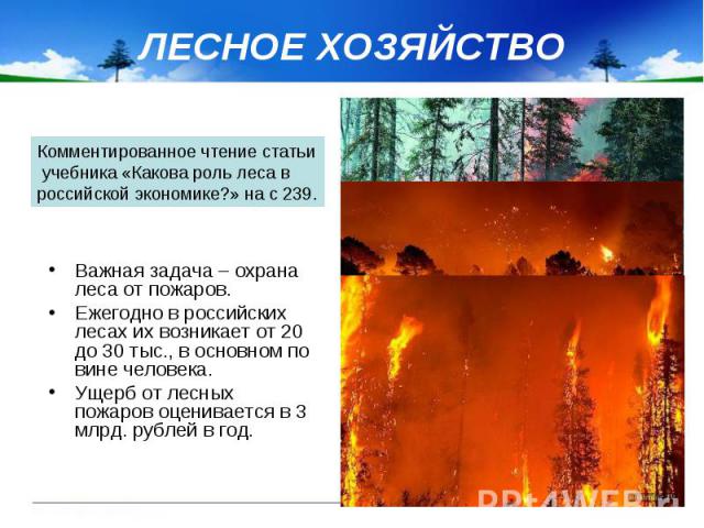 ЛЕСНОЕ ХОЗЯЙСТВО Важная задача – охрана леса от пожаров. Ежегодно в российских лесах их возникает от 20 до 30 тыс., в основном по вине человека. Ущерб от лесных пожаров оценивается в 3 млрд. рублей в год.