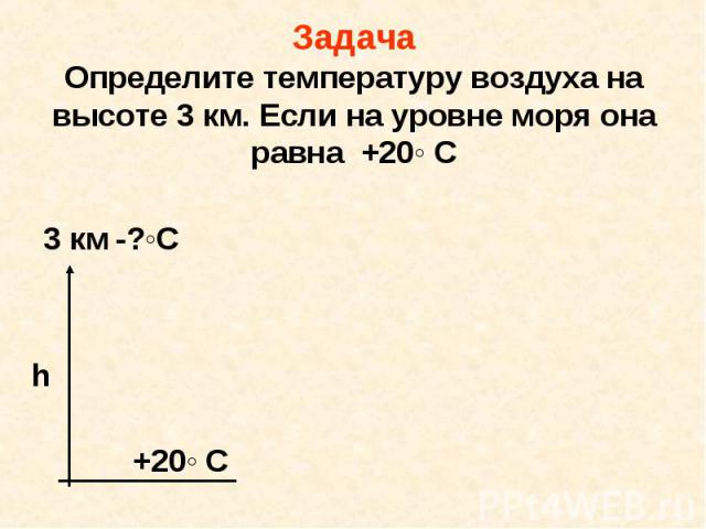 Задача Определите температуру воздуха на высоте 3 км. Если на уровне моря она равна +20◦ С
