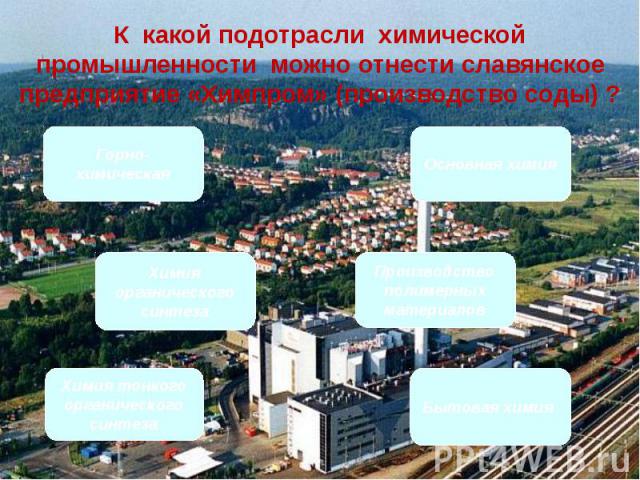 К какой подотрасли химической промышленности можно отнести славянское предприятие «Химпром» (производство соды) ?