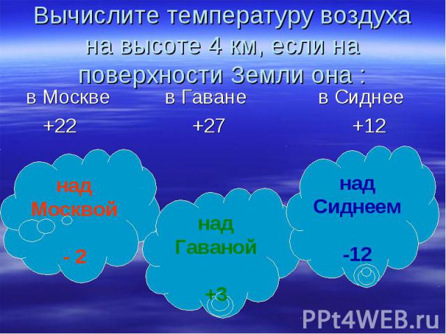 Вычислите температуру воздуха на высоте 4 км, если на поверхности Земли она : в Москве в Гаване в Сиднее +22 +27 +12
