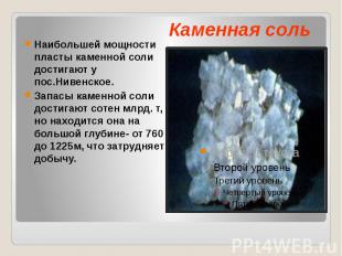 Наибольшей мощности пласты каменной соли достигают у пос.Нивенское. Запасы камен