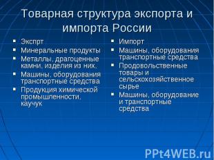 Товарная структура экспорта и импорта России Экспрт Минеральные продукты Металлы