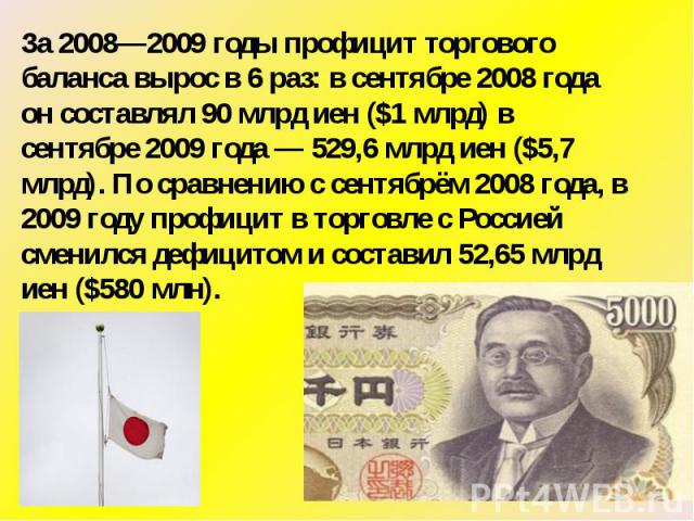 За 2008—2009 годы профицит торгового баланса вырос в 6 раз: в сентябре 2008 года он составлял 90 млрд иен ($1 млрд) в сентябре 2009 года — 529,6 млрд иен ($5,7 млрд). По сравнению с сентябрём 2008 года, в 2009 году профицит в торговле с Россией смен…