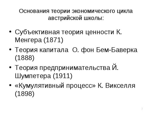 Cубъективная теория ценности К. Менгера (1871) Cубъективная теория ценности К. Менгера (1871) Теория капитала О. фон Бем-Баверка (1888) Теория предпринимательства Й. Шумпетера (1911) «Кумулятивный процесс» К. Викселля (1898)