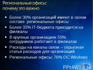 Более 30% организаций имеют в своем составе региональные офисы Более 30% организ