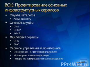 Служба каталогов Active Directory Сетевые службы DNS DHCP WINS Файл/принт сервис