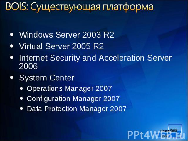 Windows Server 2003 R2 Windows Server 2003 R2 Virtual Server 2005 R2 Internet Security and Acceleration Server 2006 System Center Operations Manager 2007 Configuration Manager 2007 Data Protection Manager 2007