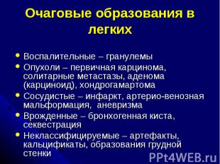 Очаговые образования в легких Воспалительные – гранулемы Опухоли – первичная кар