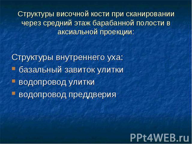 Структуры височной кости при сканировании через средний этаж барабанной полости в аксиальной проекции: Структуры внутреннего уха: базальный завиток улитки водопровод улитки водопровод преддверия