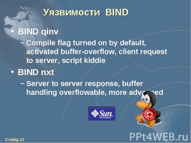 Уязвимости BIND BIND qinv Compile flag turned on by default, activated buffer-overflow, client request to server, script kiddie BIND nxt Server to server response, buffer handling overflowable, more advanced