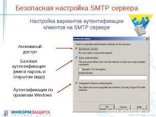 Безопасная настройка SMTP сервера Настройка вариантов аутентификации клиентов на