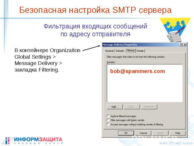 Безопасная настройка SMTP сервера Фильтрация входящих сообщений по адресу отправителя