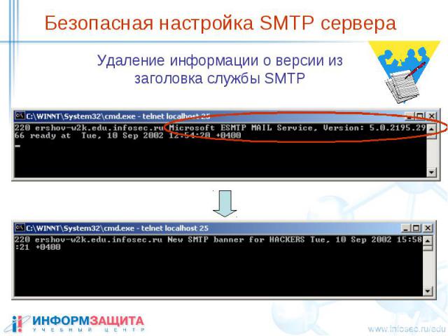 Безопасная настройка SMTP сервера Удаление информации о версии из заголовка службы SMTP