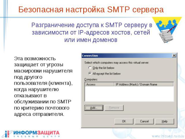 Безопасная настройка SMTP сервера Разграничение доступа к SMTP серверу в зависимости от IP-адресов хостов, сетей или имен доменов
