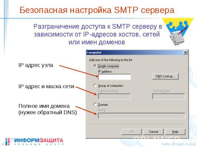 Безопасная настройка SMTP сервера Разграничение доступа к SMTP серверу в зависимости от IP-адресов хостов, сетей или имен доменов