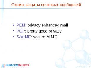 Схемы защиты почтовых сообщений PEM: privacy enhanced mail PGP: pretty good priv