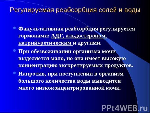 Регулируемая реабсорбция солей и воды Факультативная реабсорбция регулируется гормонами: АДГ, альдостероном, натрийуретическим и другими. При обезвоживании организма мочи выделяется мало, но она имеет высокую концентрацию экскретируемых продуктов. Н…