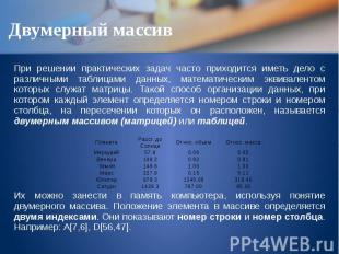 Двумерный массив При решении практических задач часто приходится иметь дело с ра