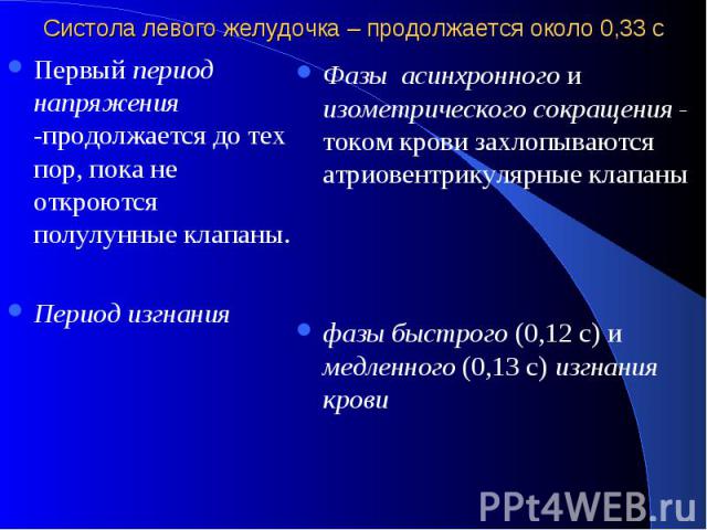 Систола левого желудочка – продолжается около 0,33 с Первый период напряжения -продолжается до тех пор, пока не откроются полулунные клапаны. Период изгнания