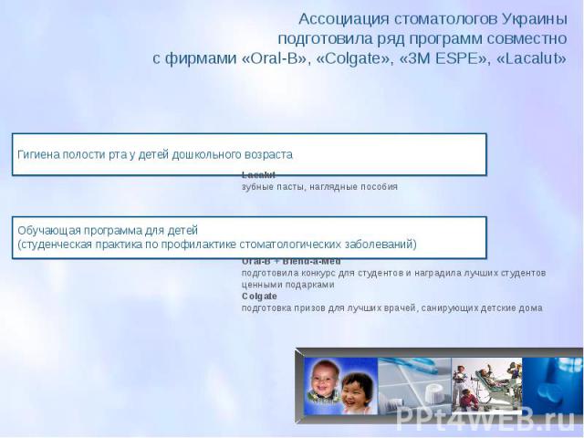 Ассоциация стоматологов Украины подготовила ряд программ совместно с фирмами «Оral-В», «Colgate», «3M ESPE», «Lacalut»