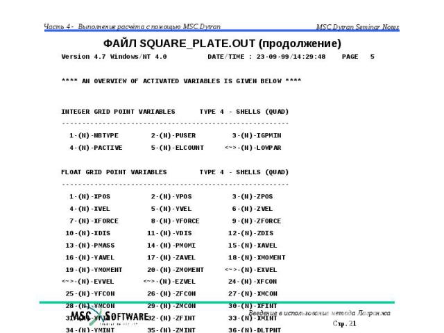 ФАЙЛ SQUARE_PLATE.OUT (продолжение)