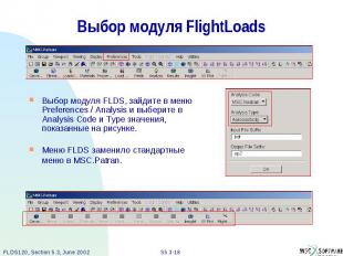 Выбор модуля FlightLoads Выбор модуля FLDS, зайдите в меню Preferences / Analysi