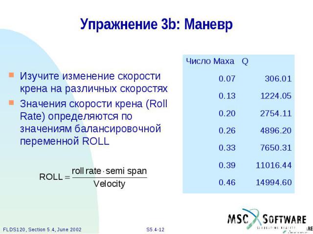 Упражнение 3b: Маневр Изучите изменение скорости крена на различных скоростях Значения скорости крена (Roll Rate) определяются по значениям балансировочной переменной ROLL