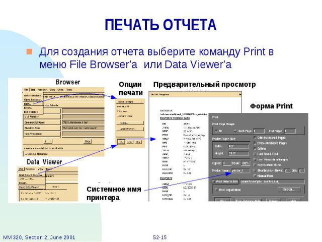 ПЕЧАТЬ ОТЧЕТА Для создания отчета выберите команду Print в меню File Browser’а или Data Viewer’а