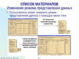 СПИСОК МАТЕРИАЛОВ Изменение режима представления данных Пользователь может измен