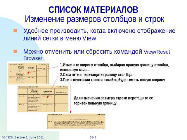 СПИСОК МАТЕРИАЛОВ Изменение размеров столбцов и строк Удобнее производить, когда включено отображение линий сетки в меню View Можно отменить или сбросить командой View/Reset Browser